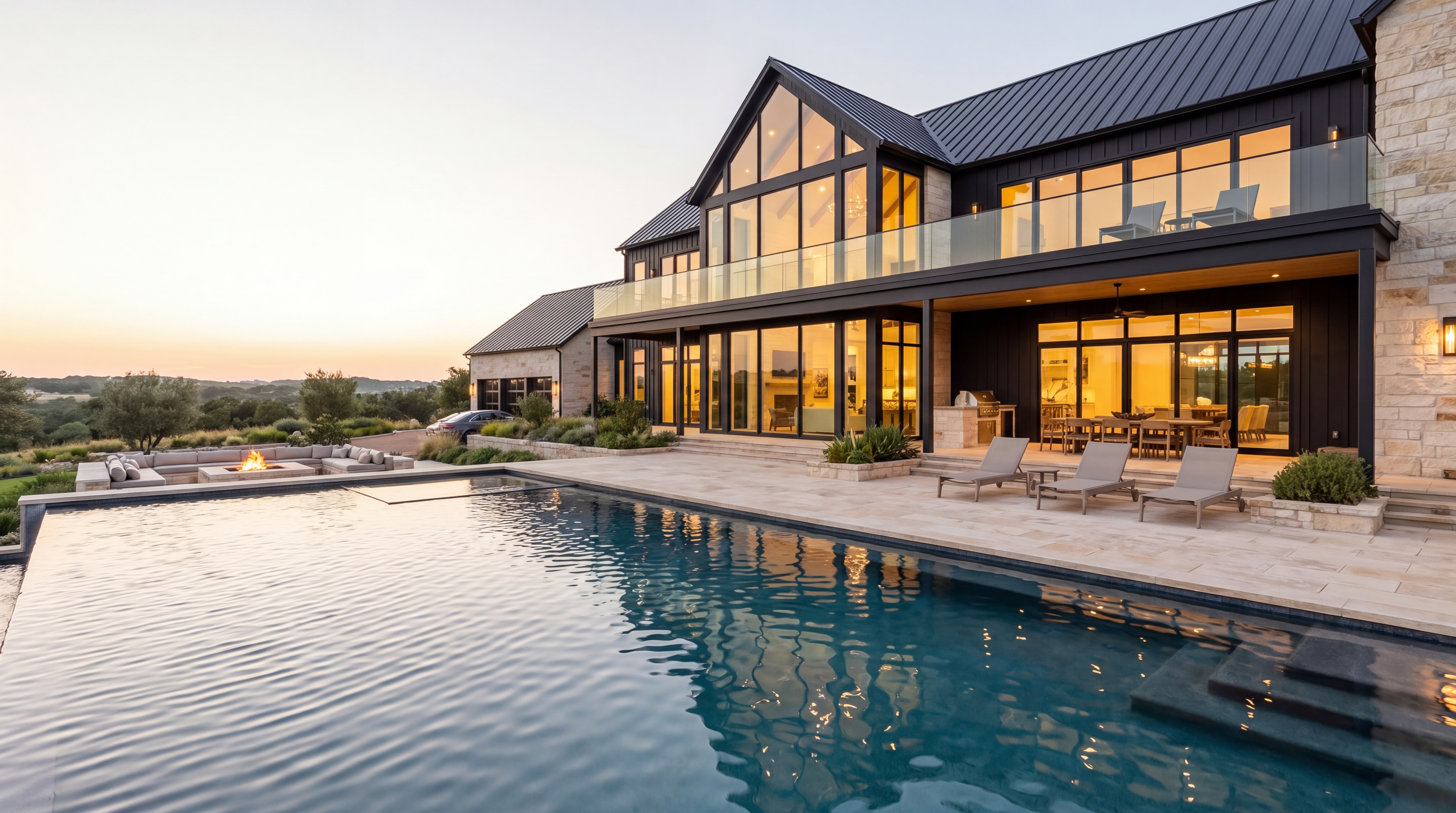 Black modern farmhouse with glass walls, covered outdoor kitchen and infinity pool at dusk