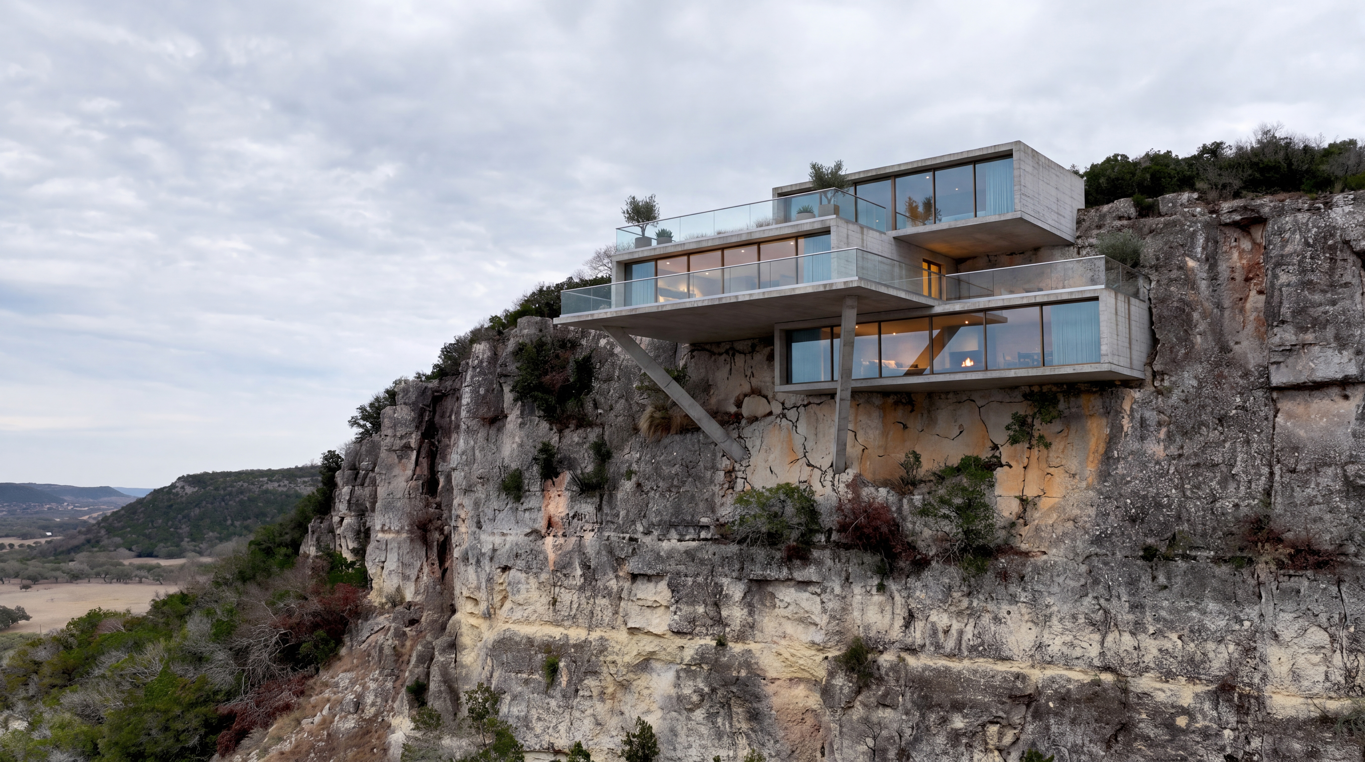 Cantilevered concrete residence projecting from a limestone cliff face over the Hill Country