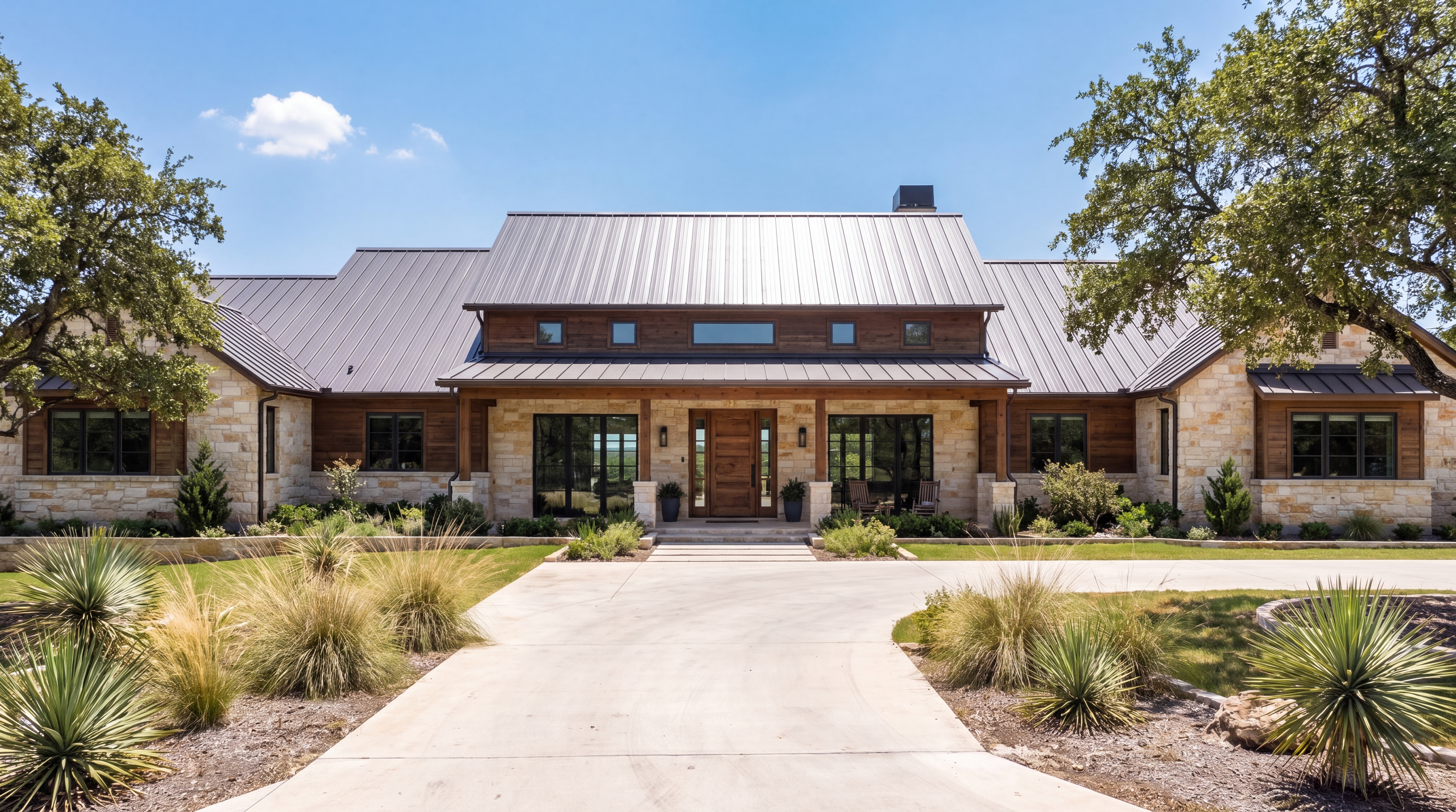 Hill Country ranch home front entry with native limestone, cedar accents and standing seam roof