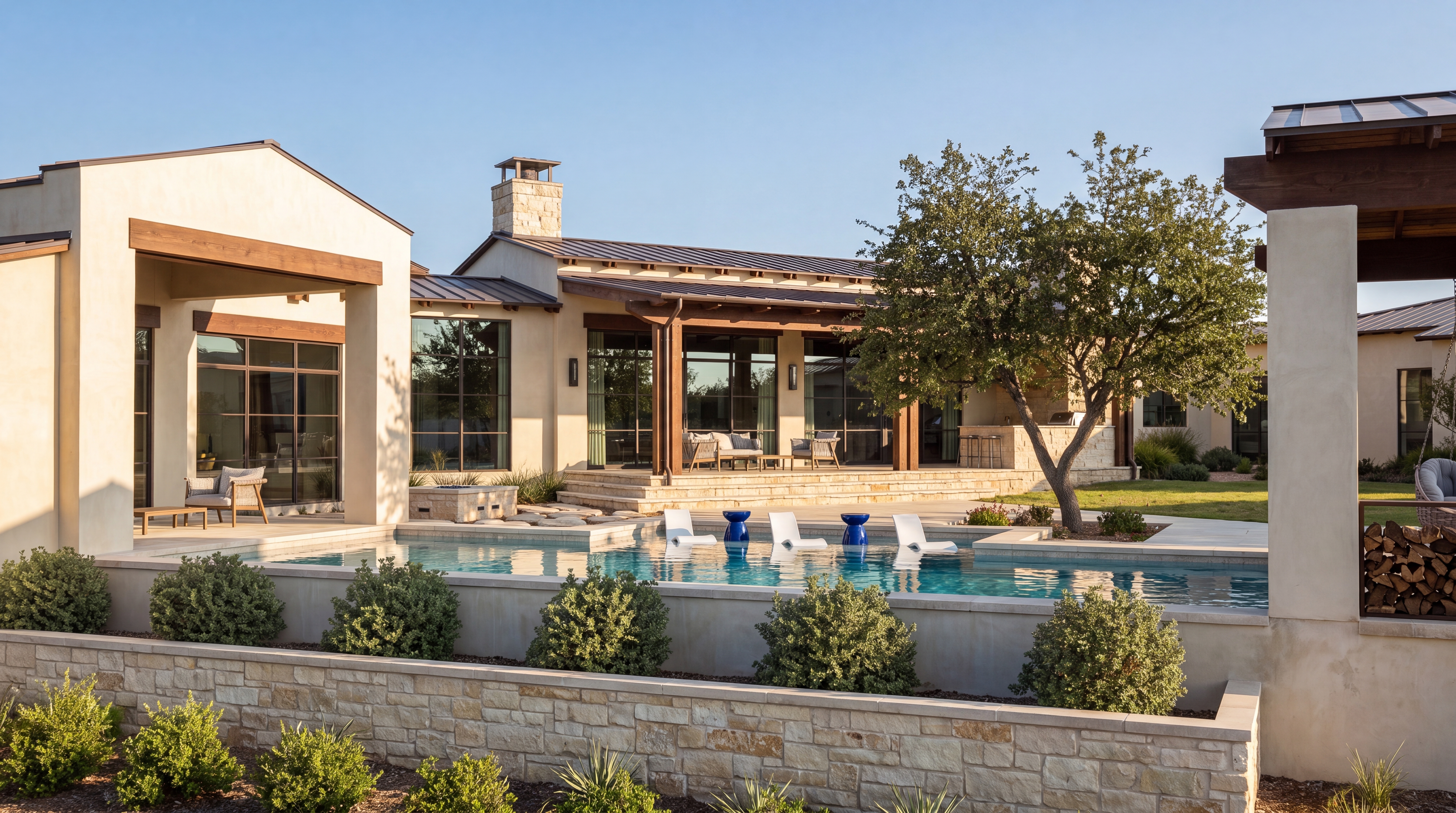 Stucco Hill Country home with stone chimney, timber pergola and infinity-edge pool at dusk