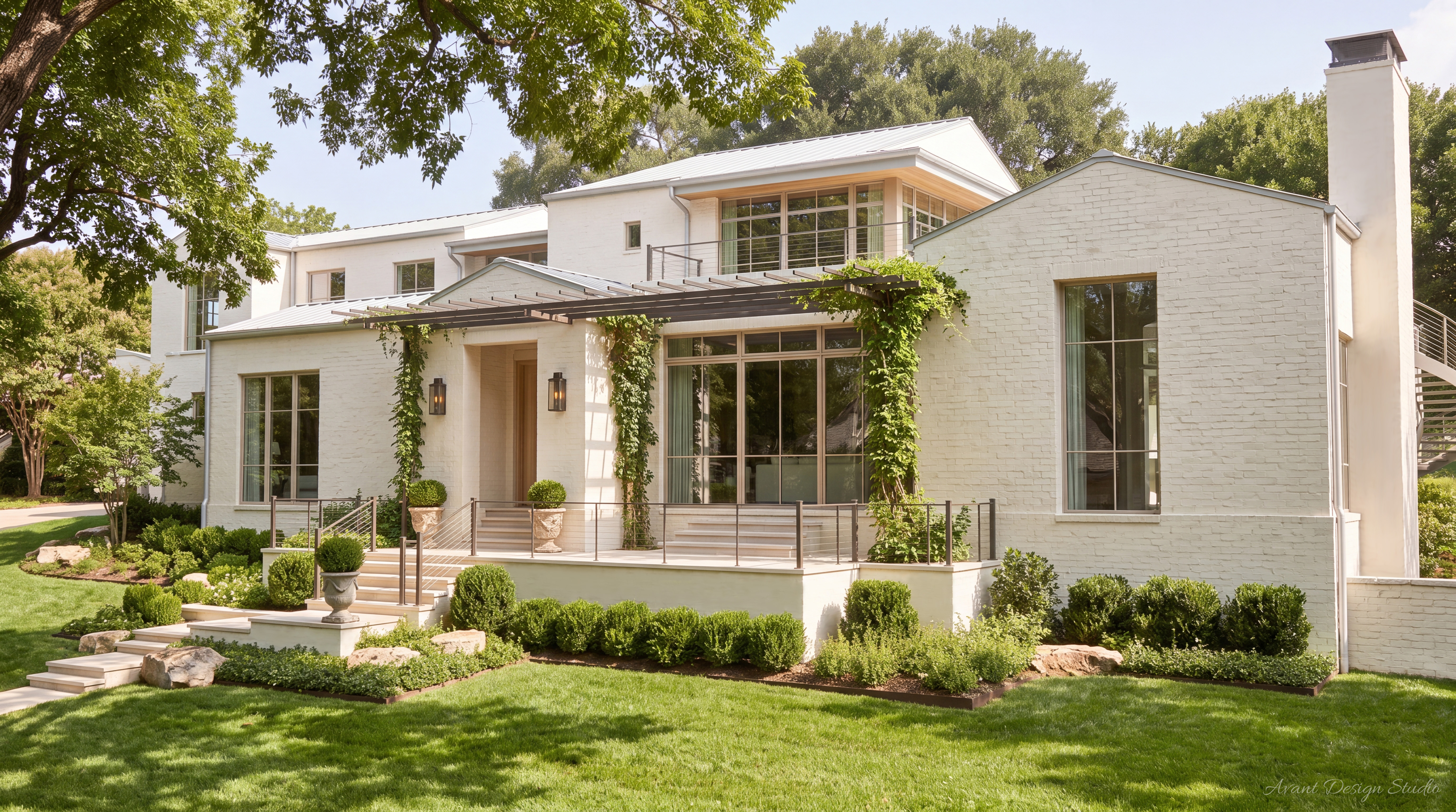 Modern white brick residence with steel-framed windows, timber pergola and mature landscaping