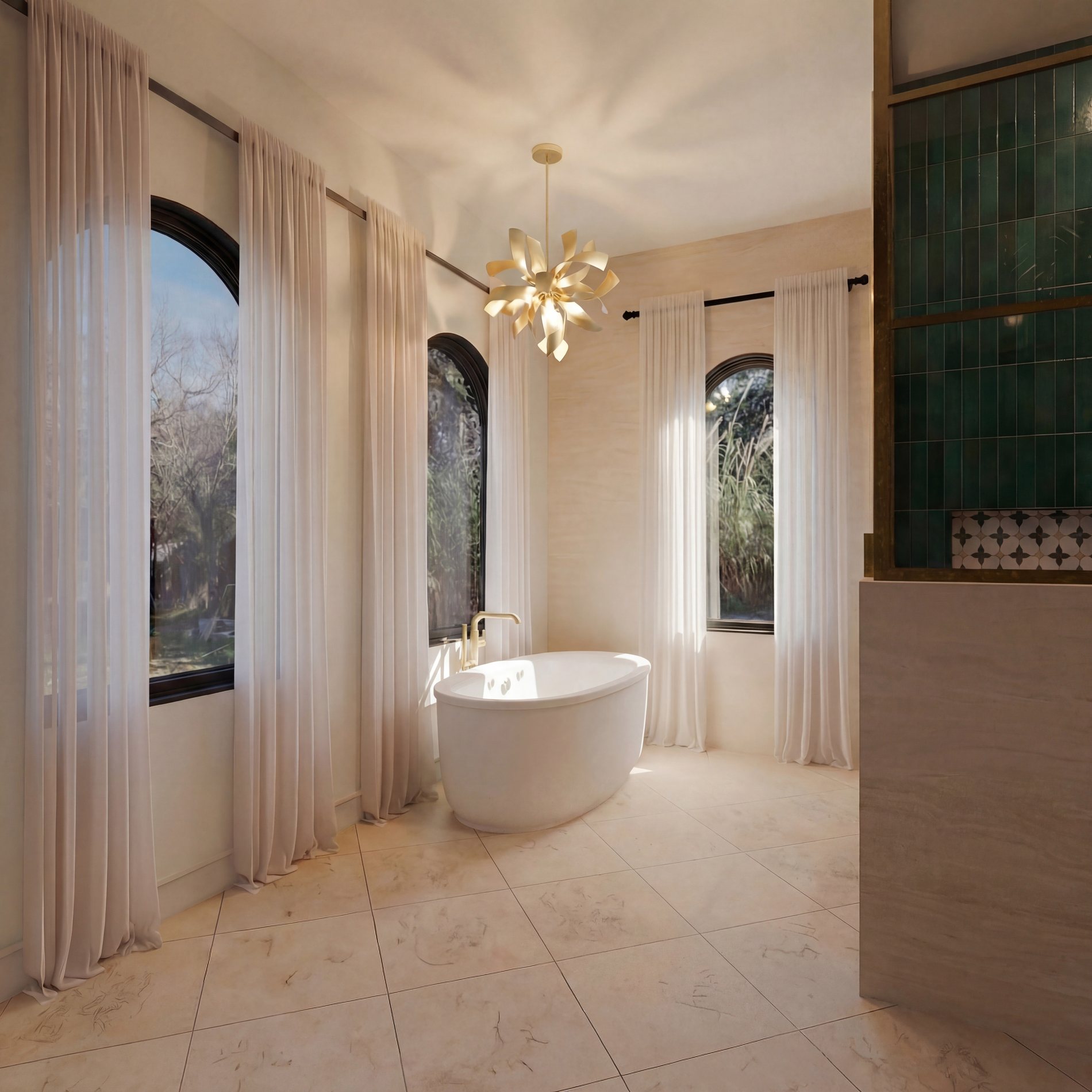 Bath with arched windows, sheer drapery, freestanding tub and green tile screen