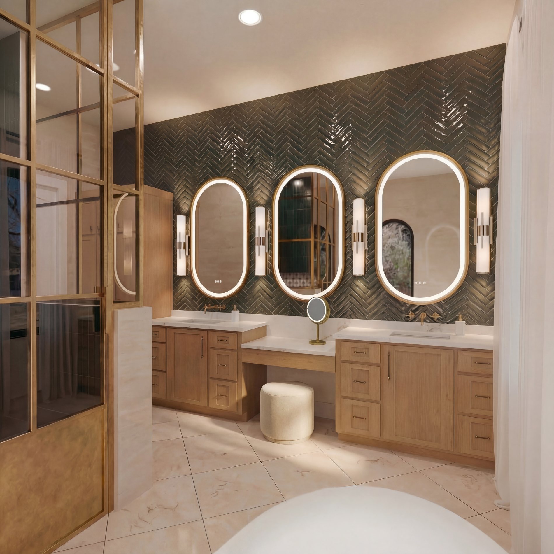 Primary bath with emerald herringbone tile wall, brass mirrors and oak vanities