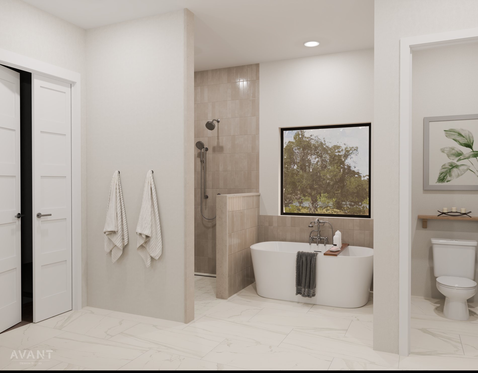 Guest bath with freestanding tub, curbless shower and picture window