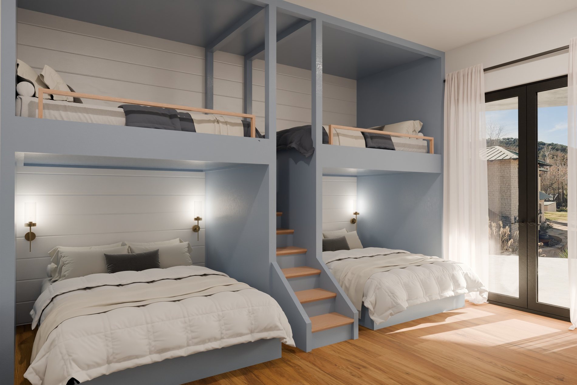 Built-in bunk room with four beds, stair access and brass sconces