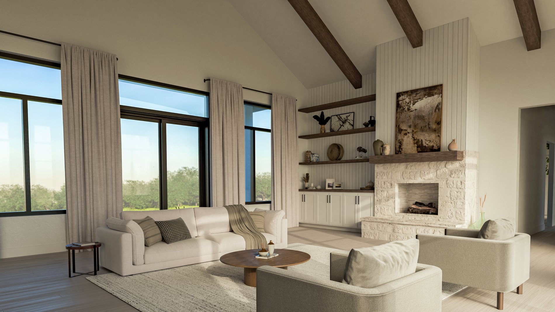 Vaulted great room with stone fireplace, exposed beams and full height drapery
