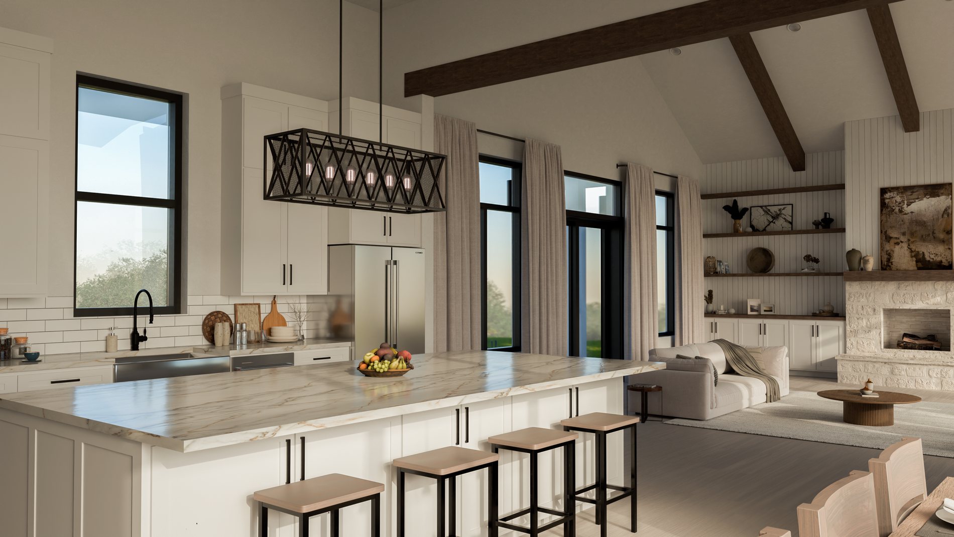 Open kitchen with calacatta waterfall island opening to a beamed great room