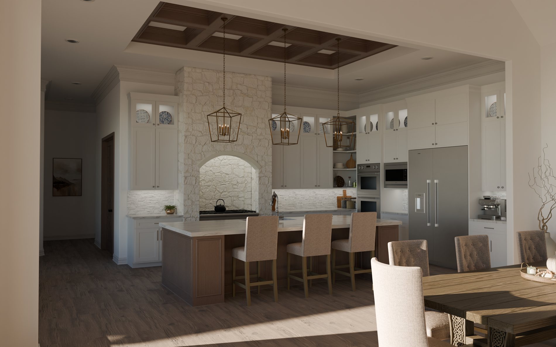 Traditional white kitchen with coffered ceiling, stone hood and lantern pendants
