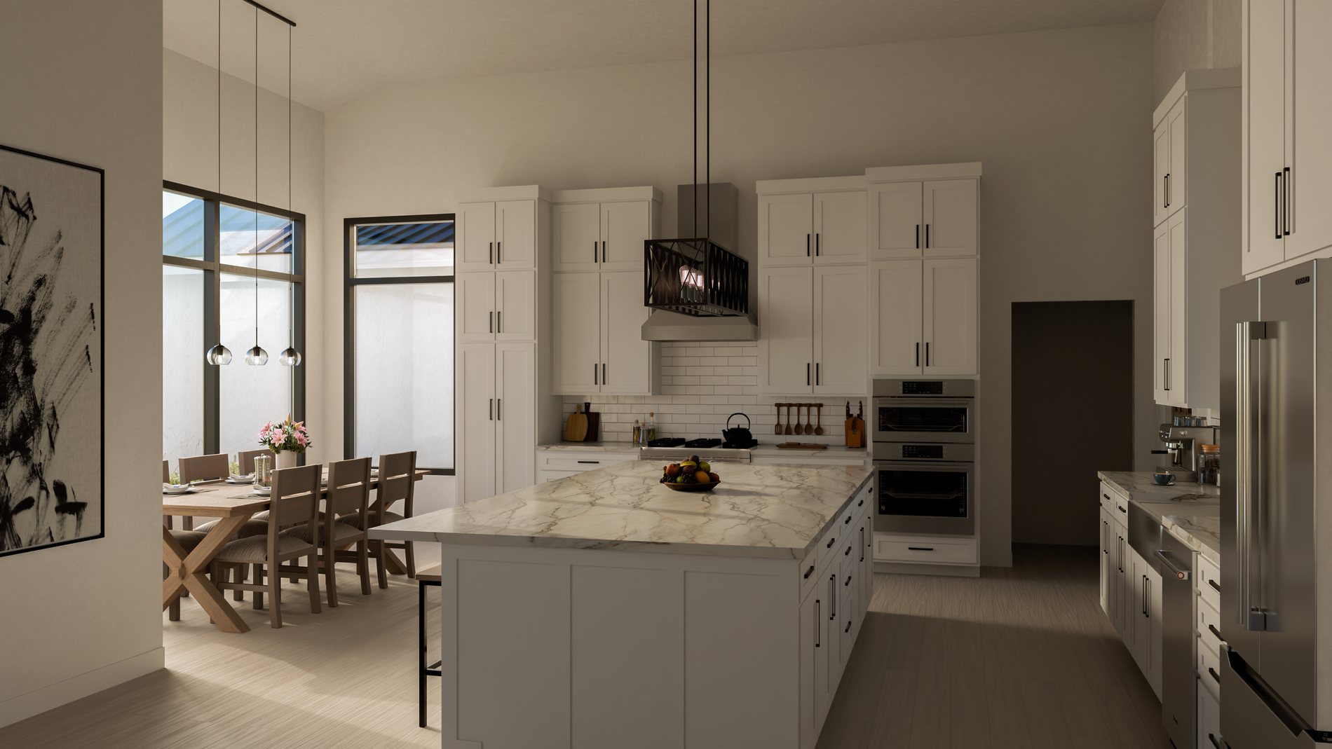 White kitchen with marble island opening onto a courtyard dining room