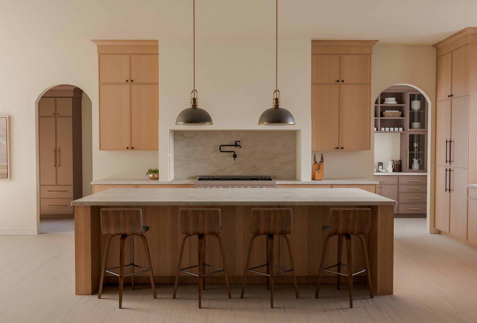 Rift sawn white oak kitchen with limestone island and dome pendants