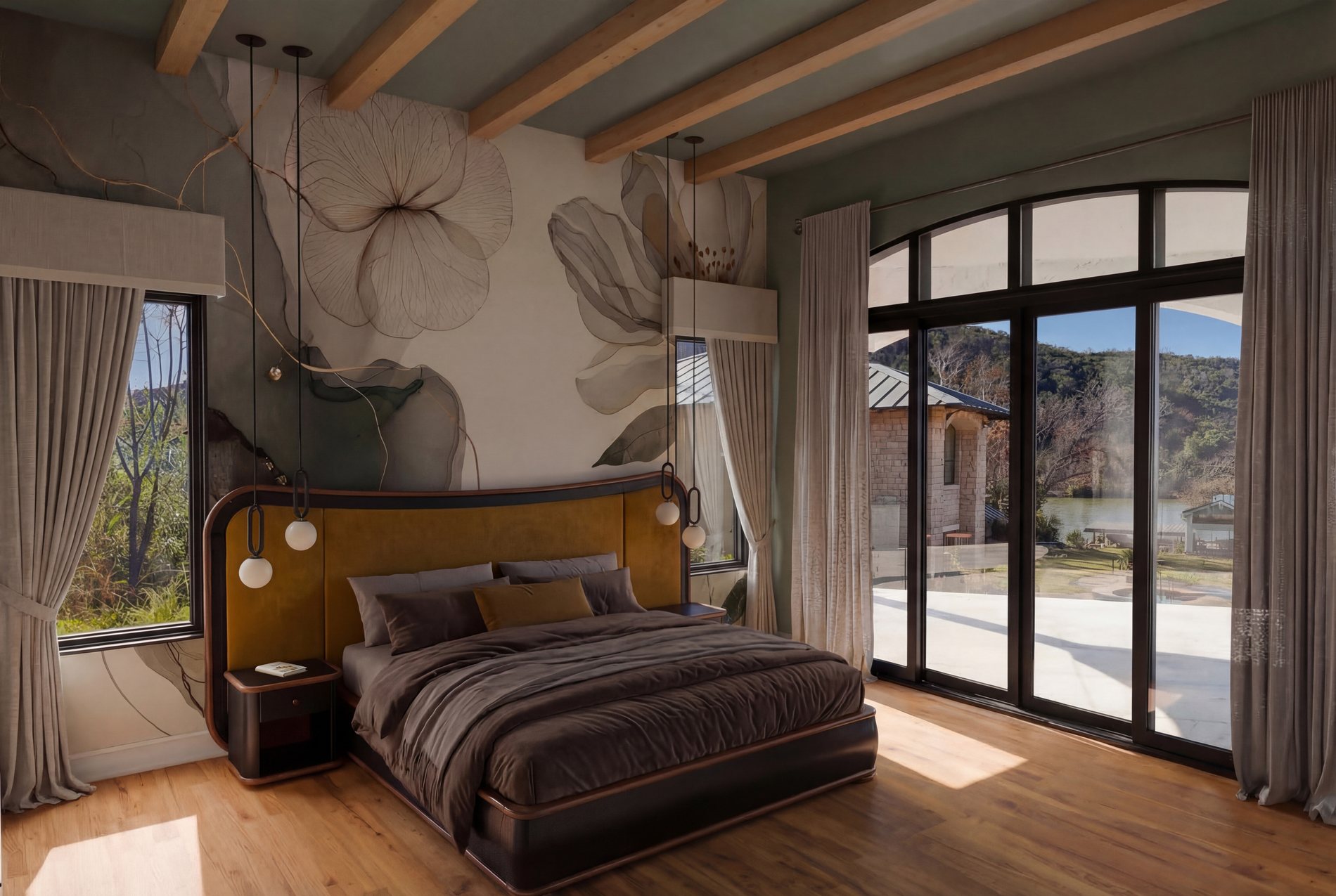 Primary bedroom with floral mural, ochre headboard and lake view glazing