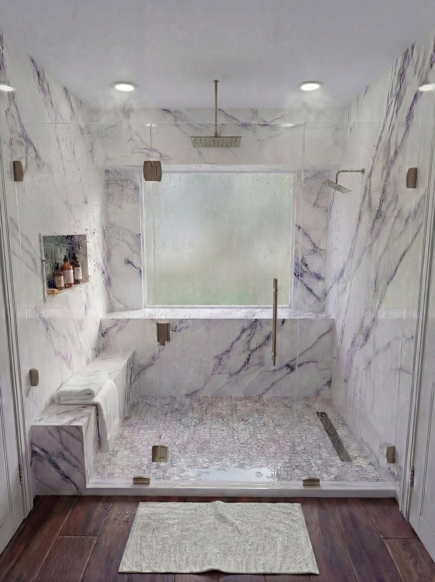 Steam shower clad in lilac veined marble with bench and mosaic floor