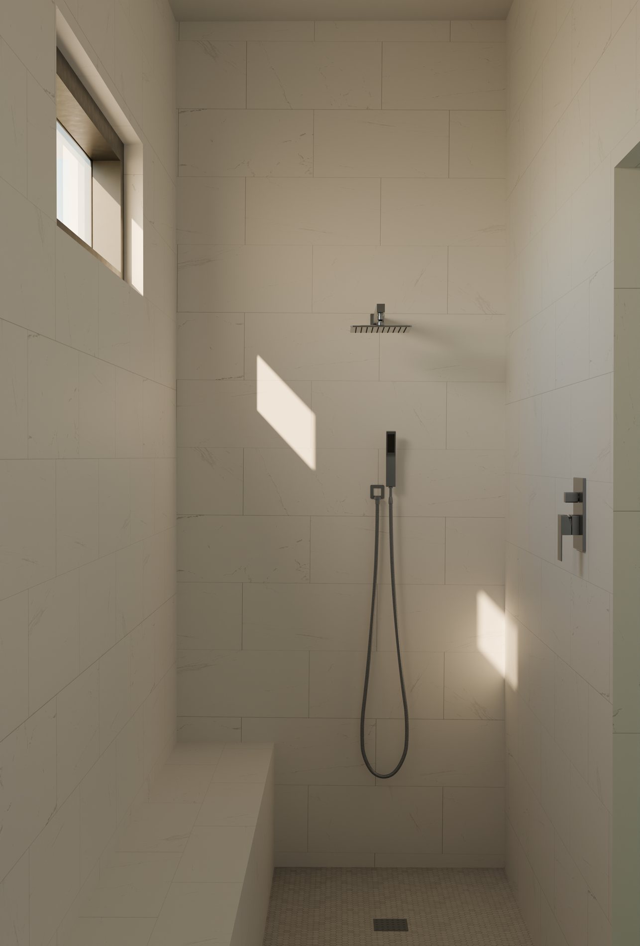 Walk-in shower with large format porcelain, bench and clerestory window