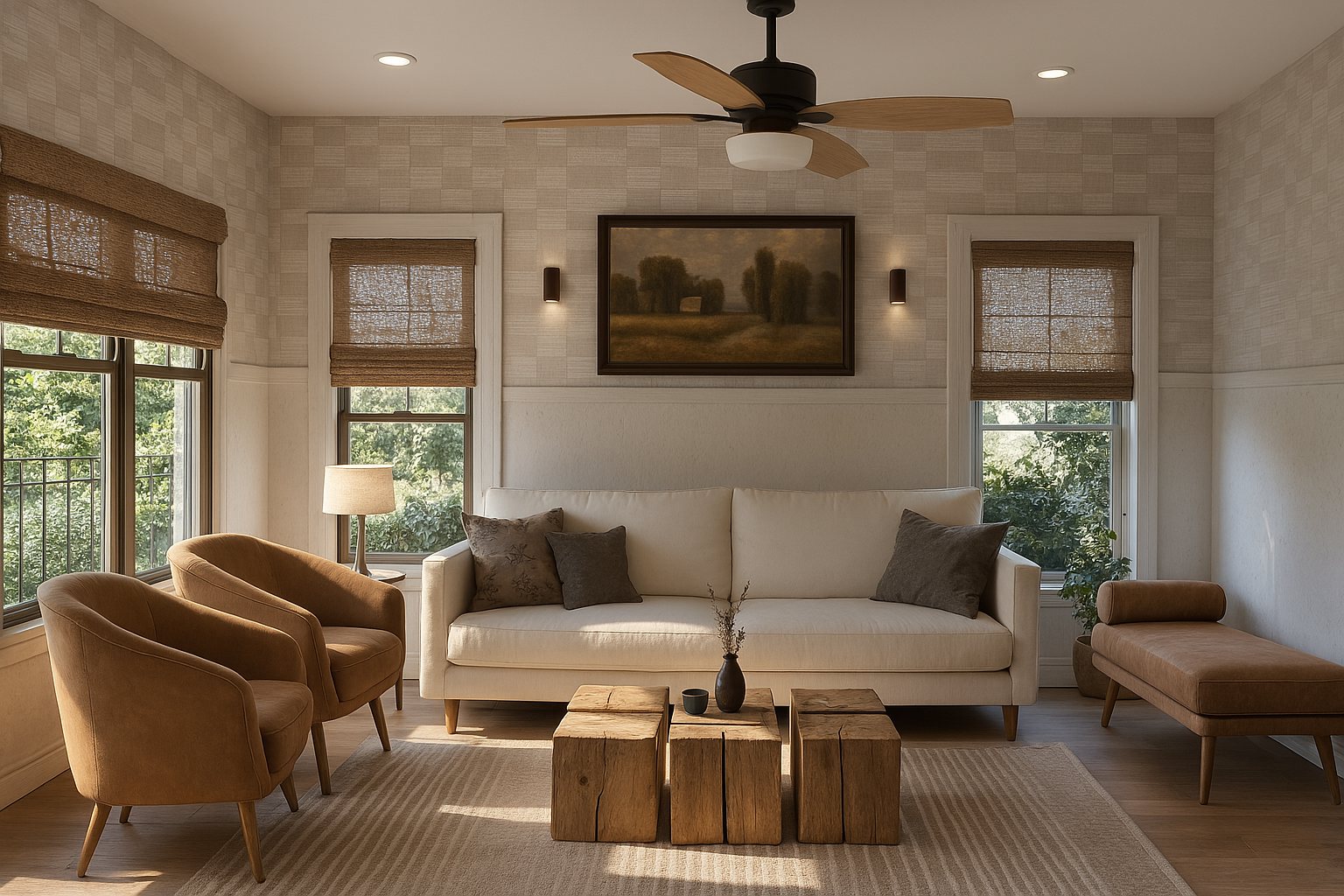 Warm sitting room with woven shades, grasscloth walls and timber tables